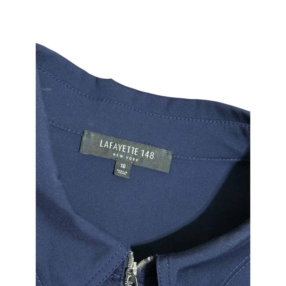 Lafayette 148 New York Zip Front Blouse Sz 16 Navy Stretch Cotton Collared Top - Picture 13 of 14